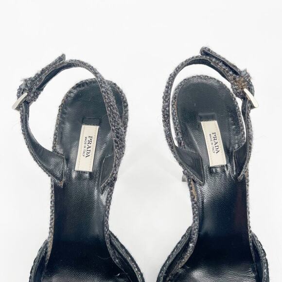 Vintage Prada Gray Tweed Crystal Bow Detail Slingback Pointed Toe Heels IT 38.5 - Picture 8 of 11